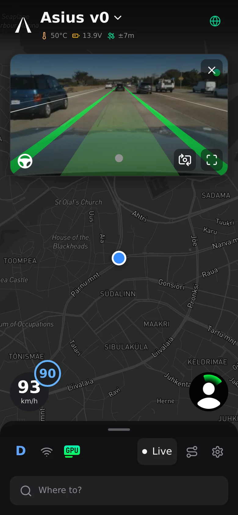 Asius app showing the live road camera, map, speed and device status