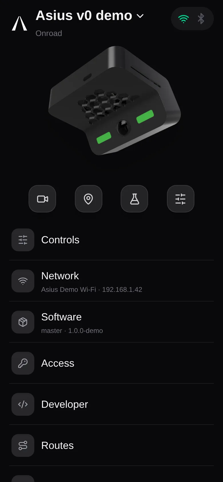 Asius app device overview showing connection status and device controls