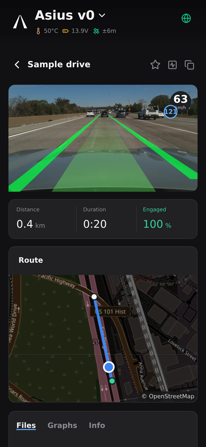 Asius app showing a recorded drive with video, route map and driving statistics