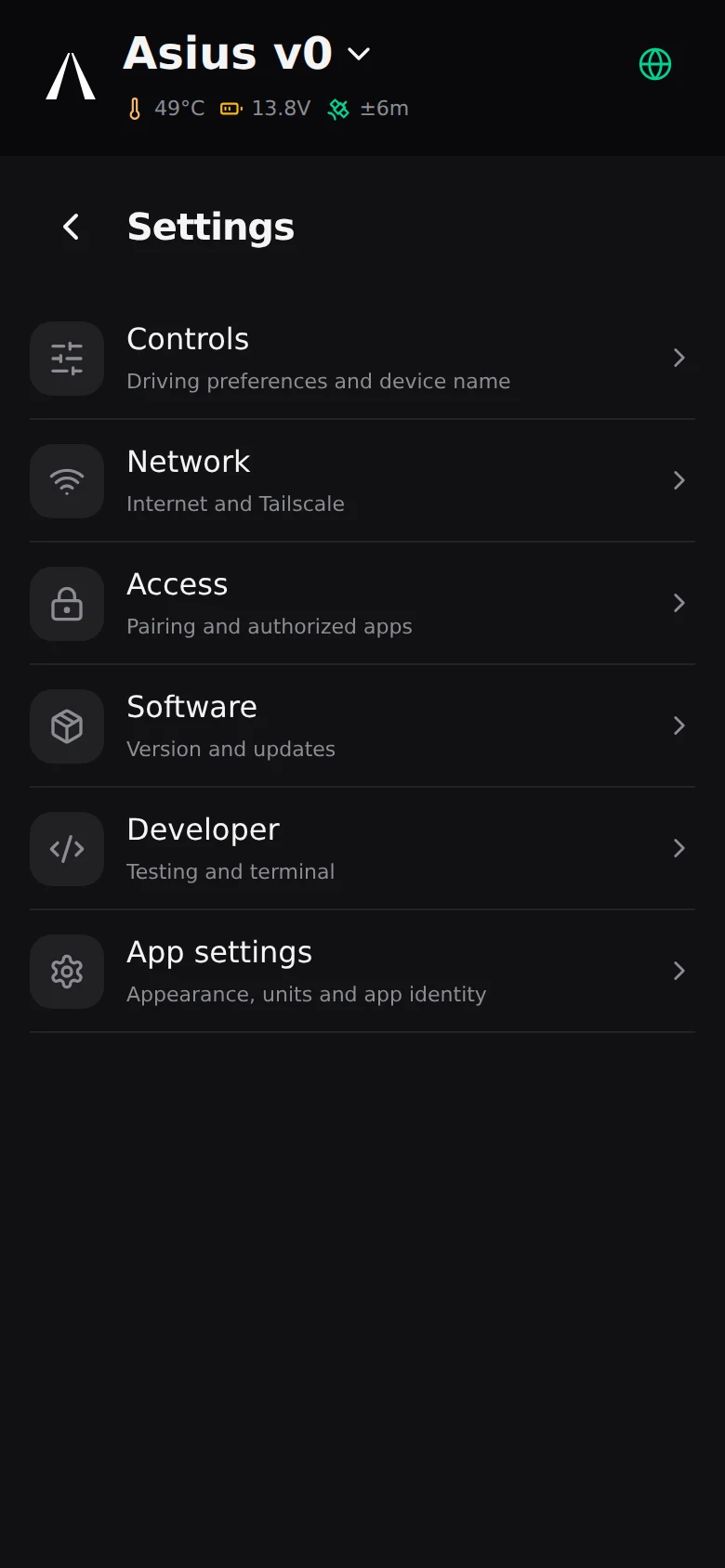 Asius app settings for controls, network, access, software and developer tools